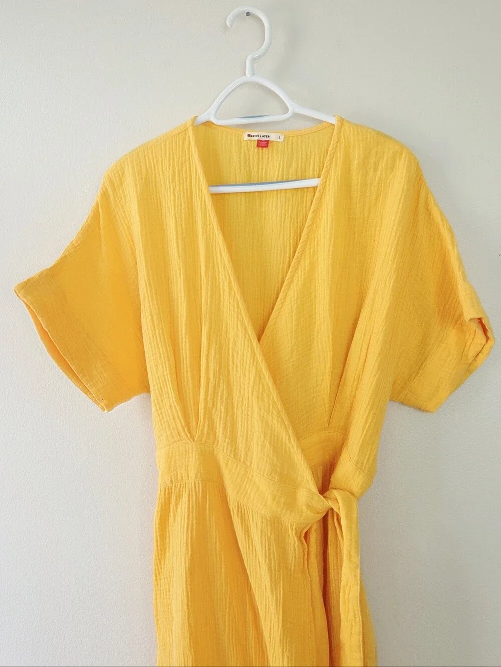 Marine Layer Valencia Wrap Midi Dress Marigold golden yellow cotton gauze Large